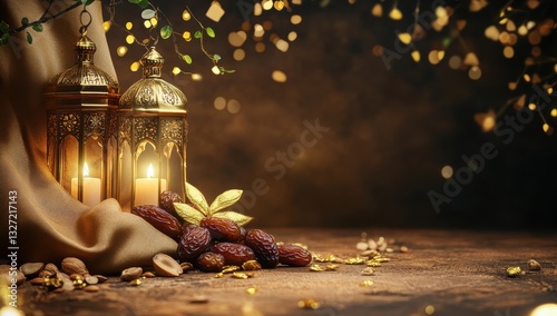 Eid al-Fitr background with dates, nuts, and golden lanterns on an earthy brown fabric creating a warm and traditional festive ambiance