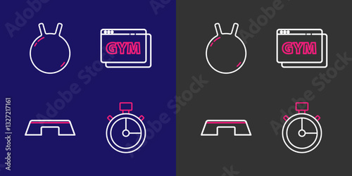 Set line Stopwatch, Step platform, Online fitness and training and Kettlebell icon. Vector