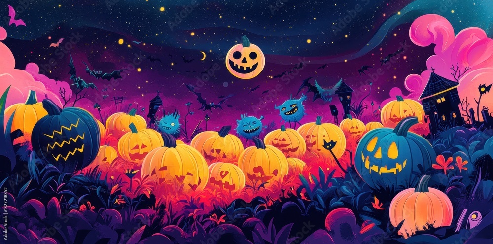 A vibrant and colorful illustration of a Halloween pumpkin scene