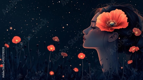 A Beautiful Dreamy Night with Poppies and Stars. Generative AI