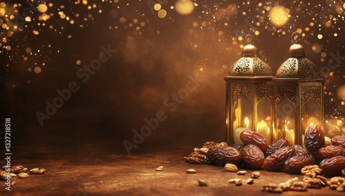 Eid al-Fitr background with dates, nuts, and golden lanterns on earthy brown fabric