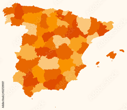 Map of Spain with regions. Just a simple country border map with region division. Orange color palette. Blank Spain shape with administrative division. Vector illustration.