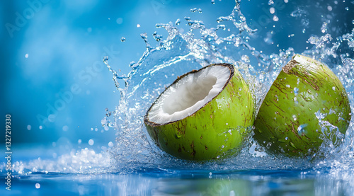 Close-up of a fresh green coconut with water splashing, on a blue background, photo