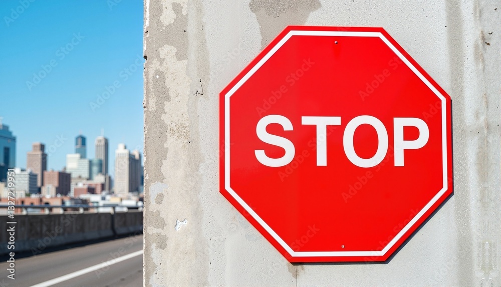 Red stop sign with bold white letters in an urban setting against a blurred city skyline background, traffic safety concept of transportation or urban planning Red stop sign with bold white letters in an urban setting against a blurred city skyline background, traffic safety concept of transportation or urban planning