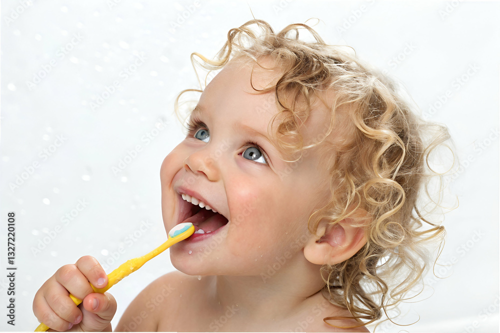 Happy Child Enjoying Bath Time with Yellow Toothbrush and Bubbles, Smiling with Joy and Cleanliness in Bright Bathroom Setting Happy Child Enjoying Bath Time with Yellow Toothbrush and Bubbles, Smiling with Joy and Cleanliness in Bright Bathroom Setting