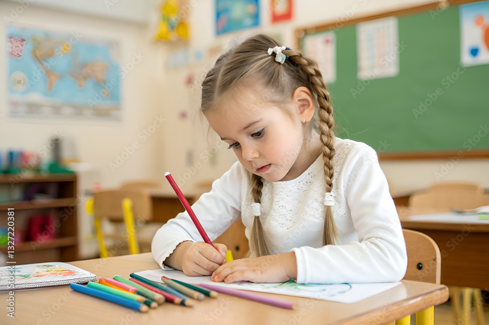 Young Girl Concentrating on Coloring in Classroom with Colorful Crayons Surrounded by Art Supplies and Educational Displays in the Background Young Girl Concentrating on Coloring in Classroom with Colorful Crayons Surrounded by Art Supplies and Educational Displays in the Background