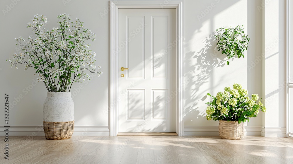 Fototapeta premium Bright and Airy Interior with Decorative Plants and White Door in Modern Home Environment