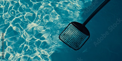 Pool cleaning net in clear blue water under reflective sunlight