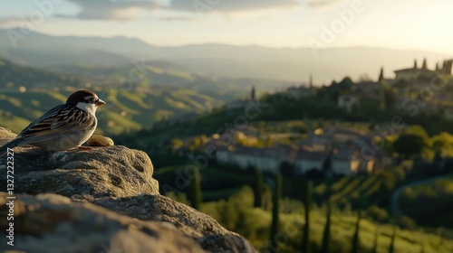 Sparrows perched on a cliff overlooking Italian hills at sunset photo
