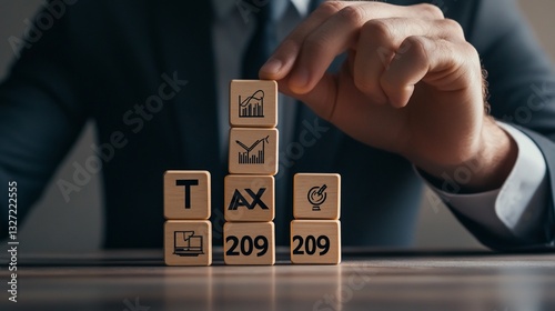 Businessman stacking tax cubes, charts background, financial planning