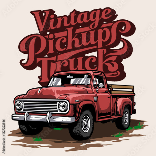 vintage pickup truck vector design illustration with unique font