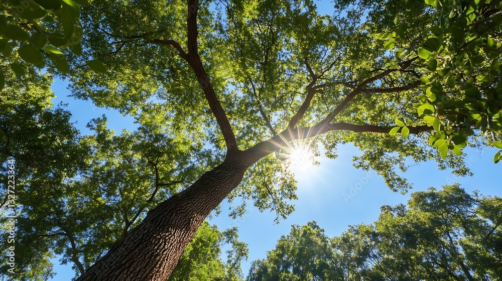 Fototapeta premium Majestic sun rays shining through lush green leaves of a towering tree in a serene forest : Generative AI