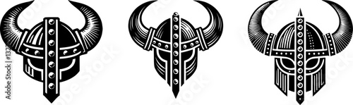 variety of viking helmets, nordic, warrior, knight,  horns, symbol, horned norseman, emblem, barbarian man, head, icon, helmet, brand, identity, vector, image, graphic