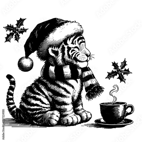 Festive Tiger Tiger Chrismas line art drawing ink sketch xmas vector hand drawn illustration background