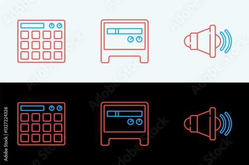 Set line Speaker volume, Drum machine and Guitar amplifier icon. Vector