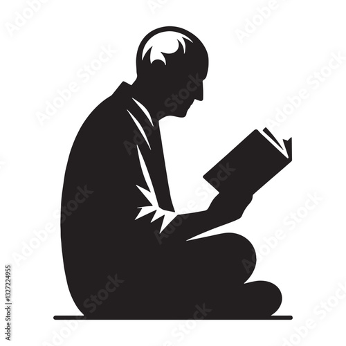 Wistful Old Man Reading a Book silhouette, caught in a moment of reflection - Old Man illustration - Minimalist Old Man vector - Memory keeper
