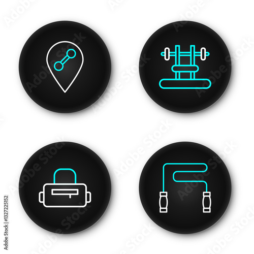 Set line Jump rope, Sport bag, Bench with barbel and Location gym icon. Vector