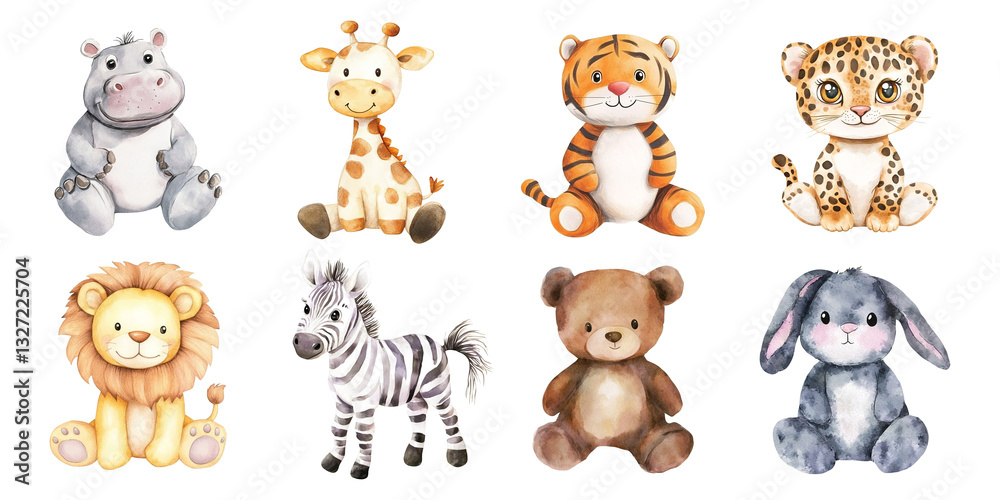 Obraz premium A charming watercolor collection of baby animals, including a hippo, giraffe, tiger, leopard, lion, zebra, teddy bear, and bunny. Perfect for nursery decor and children's designs