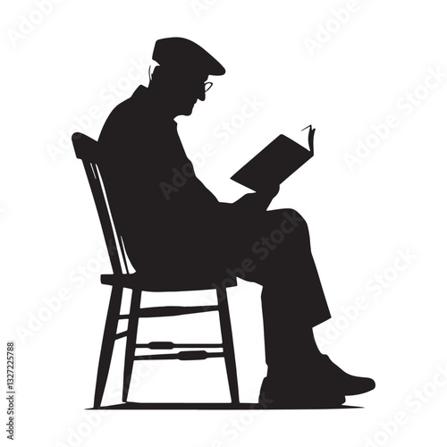 Aged Scholar Old Man Reading a Book silhouette, reflecting years of wisdom - Old Man illustration - Minimalist Old Man vector - Intellectual elder
