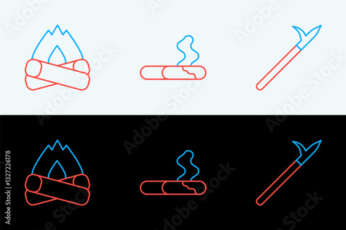 Set line Metal pike pole, Campfire and Cigarette icon. Vector
