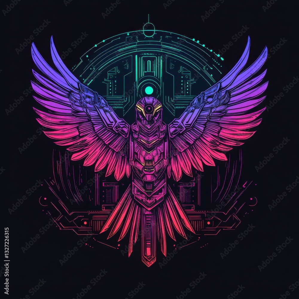 Fototapeta premium Mystical Cyber Owl: A vibrant digital illustration of an owl with outstretched wings, depicted in a fusion of technology and fantasy, radiating an aura of mystery and power.