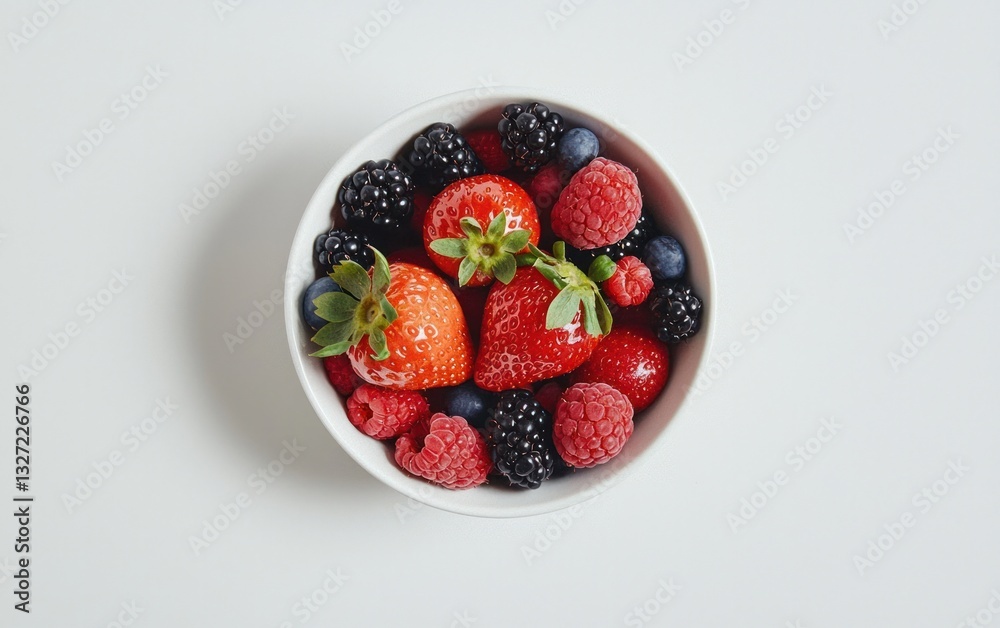 Overhead shot of a white bowl filled with a mix of fresh strawberries, raspberries, blackberries, and blueberries against a white background Overhead shot of a white bowl filled with a mix of fresh strawberries, raspberries, blackberries, and blueberries against a white background