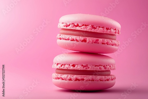 Two stacked pink macarons against a soft pink backdrop.