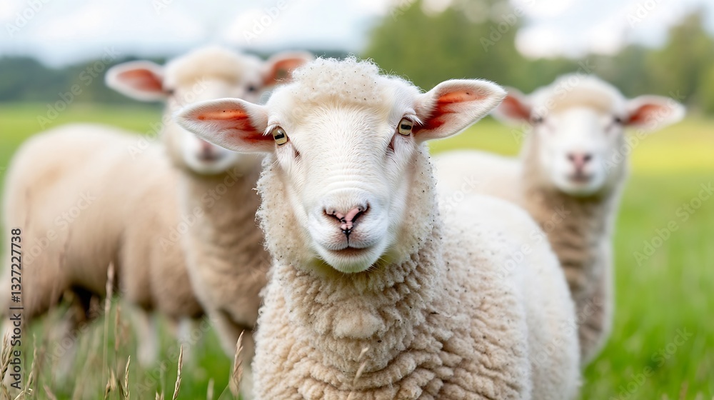 Obraz premium Group of fluffy sheep peacefully grazing in a lush green pasture under a blue sky : Generative AI