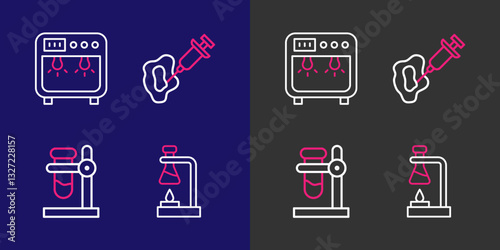 Set line Test tube flask on fire, stand, Syringe and Biosafety box icon. Vector