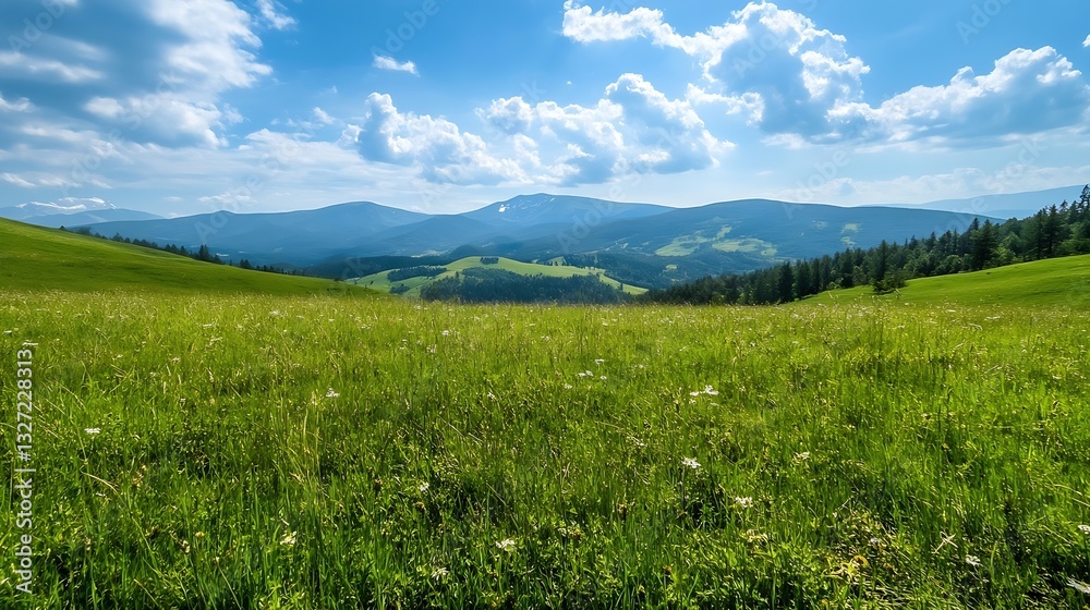 Fototapeta premium Vibrant green meadow under a bright blue sky with distant mountains creating a picturesque landscape : Generative AI
