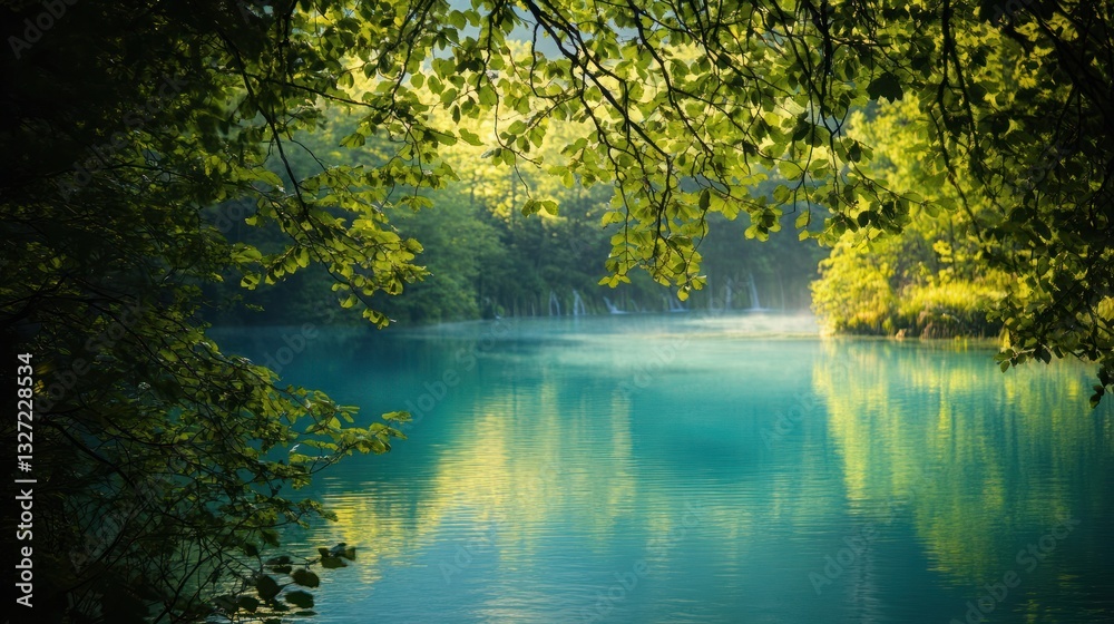 Fototapeta premium Serene lake, misty waterfalls, lush forest, tranquil nature scene, ideal for travel brochures