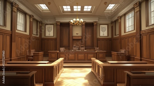 Luxurious courtroom interior,  grand wood paneling,  empty,  ideal for legal themes