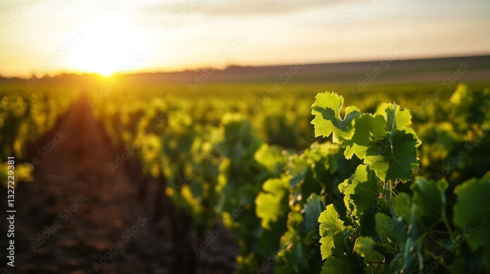 Fototapeta premium Lush green vineyard bathed in warm sunlight during golden hour showcasing ripe grapes ready for harvest : Generative AI