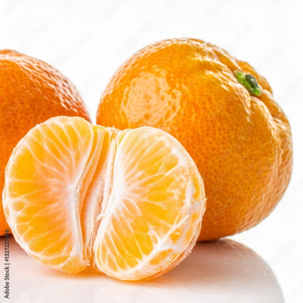 Two Whole and Halved Peeled Tangerines (Mandarin or Clementine) Isolated on White Background Two Whole and Halved Peeled Tangerines (Mandarin or Clementine) Isolated on White Background