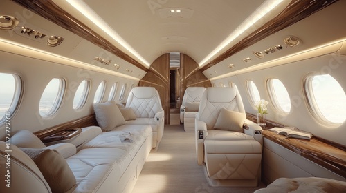 Luxurious Private Jet Interior, Spacious Cabin, Scenic View, Luxury Travel