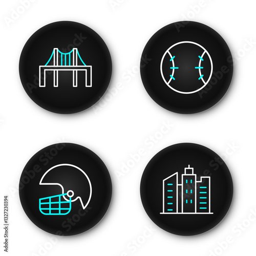 Set line City landscape, American football helmet, Baseball and Golden gate bridge icon. Vector
