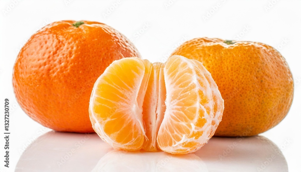 Two Whole and Halved Peeled Tangerines (Mandarin or Clementine) Isolated on White Background Two Whole and Halved Peeled Tangerines (Mandarin or Clementine) Isolated on White Background