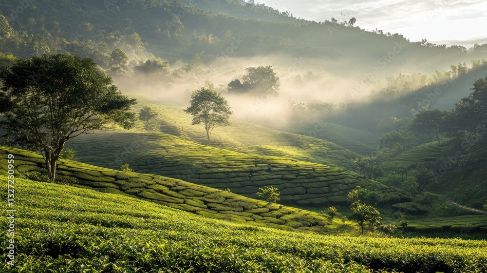 Naklejka premium Misty Sunrise Over Lush Tea Plantation