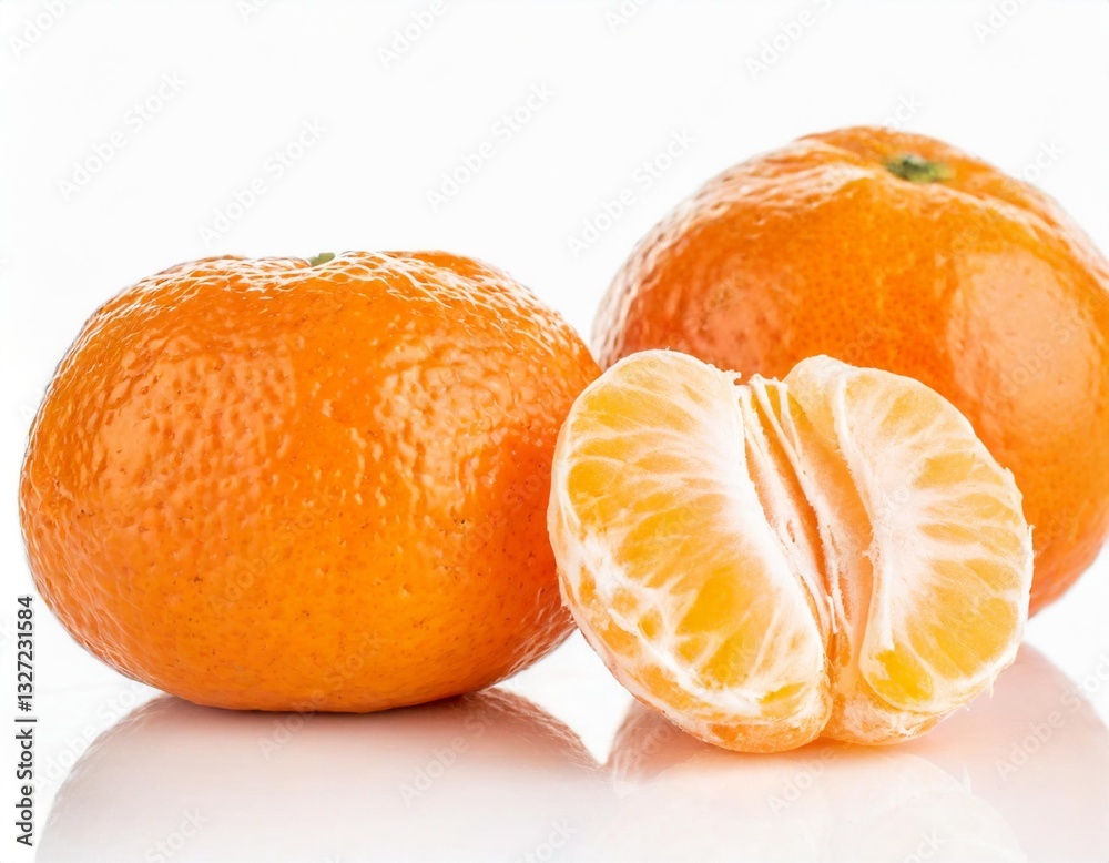 Two Whole and Halved Peeled Tangerines (Mandarin or Clementine) Isolated on White Background Two Whole and Halved Peeled Tangerines (Mandarin or Clementine) Isolated on White Background
