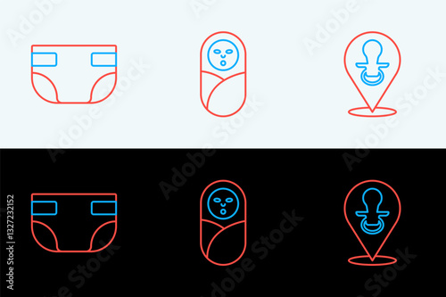 Set line Baby dummy pacifier, absorbent diaper and Newborn baby infant swaddled icon. Vector
