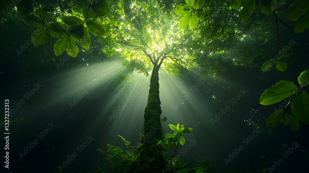 Fototapeta premium Stunning panoramic view of a dense lush forest canopy actively sequestering carbon with ancient towering trees and tangled branches creating a verdant serene natural environment