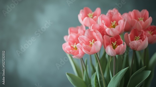A bouquet of vibrant pink tulips arranged in a vase, their petals and stems captured in soft focus against a muted background, evoking a sense of spring and natural beauty.