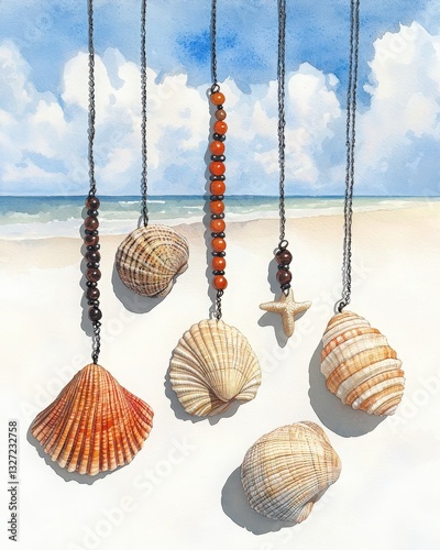 Stunning display of seashells hanging on a chain in a watercolor painting capturing the essence of oceanic beauty
