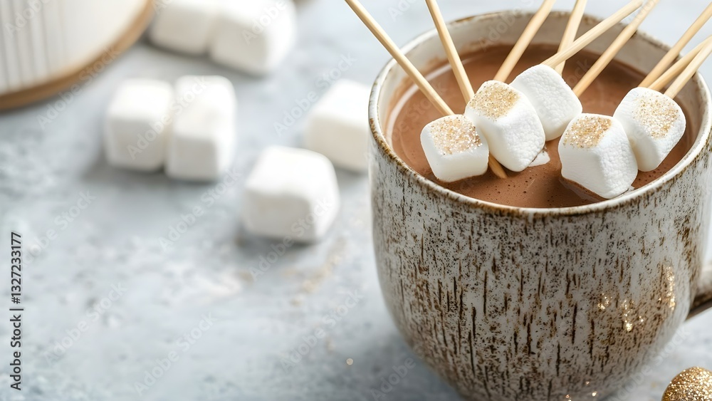 A mug of hot chocolate topped with skewers of marshmallows, with some scattered marshmallows nearby. Concept Hot Chocolate Delight, Marshmallow Toppers, Cozy Winter Treat, Sweet Indulgence A mug of hot chocolate topped with skewers of marshmallows, with some scattered marshmallows nearby. Concept Hot Chocolate Delight, Marshmallow Toppers, Cozy Winter Treat, Sweet Indulgence