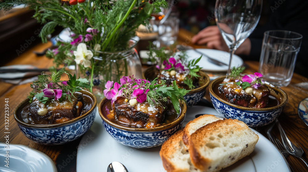 Traditional Aspic Dish Served in Portion Bowls with Bread and Condiments Traditional Aspic Dish Served in Portion Bowls with Bread and Condiments
