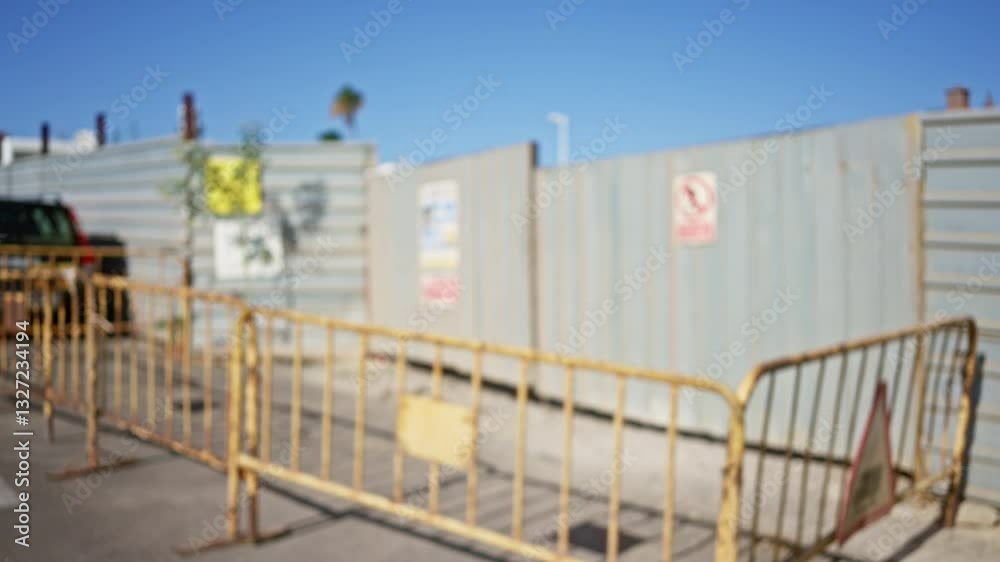 Blurred construction site scene with metal fences, barricades, and signs, under a clear blue sky Blurred construction site scene with metal fences, barricades, and signs, under a clear blue sky