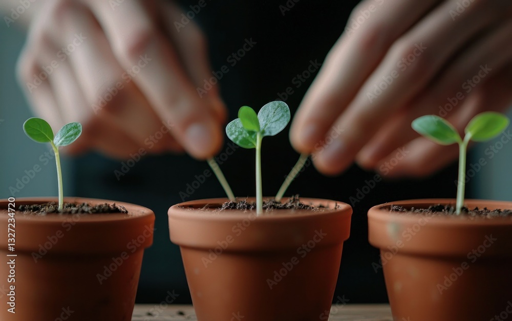 Close-up view of hands gently tending to small seedlings in terracotta pots. The focus is on the delicate plants and the careful touch of the hands Close-up view of hands gently tending to small seedlings in terracotta pots. The focus is on the delicate plants and the careful touch of the hands