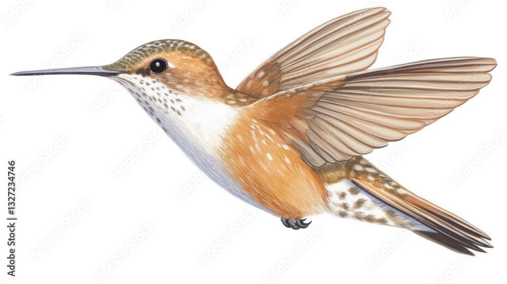 Fototapeta premium Graceful hummingbird in flight against clean white background, stunning close-up capture. no background