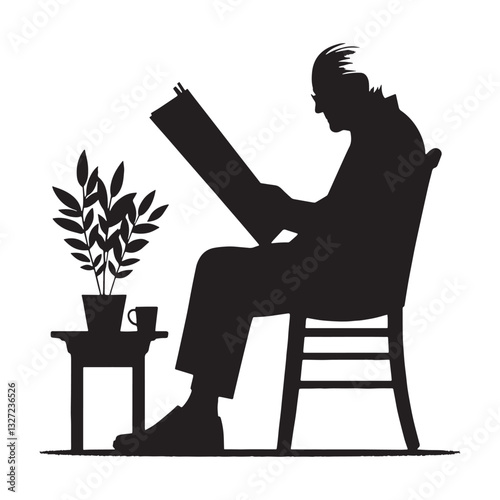 Gentlemanly Old Man Reading a Newspaper silhouette, exuding wisdom and class - Old Man illustration - Minimalist Old Man vector - Sophisticated elder
