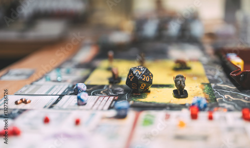 Old school game style with dice role playing tabletop and board games hobby